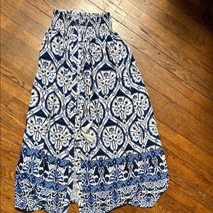 Haute Hippie Womens Blue White Mosaic Print Maxi Skirt Size XS  Tassel stretch w